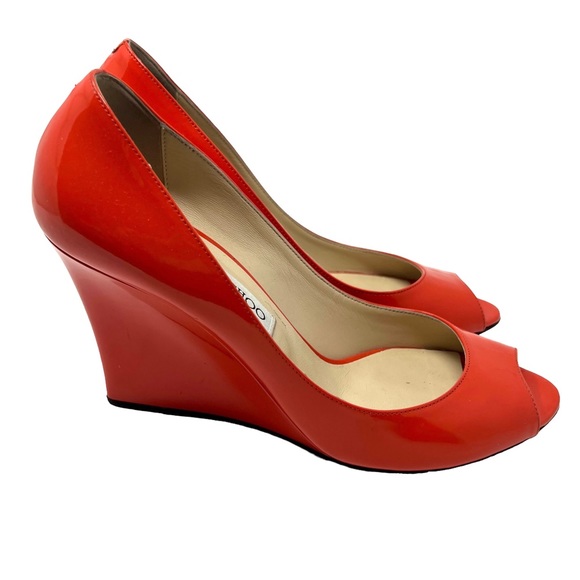 Jimmy Choo Patent Leather Orange Red Wedge Peep Toe Heels - Picture 3 of 9